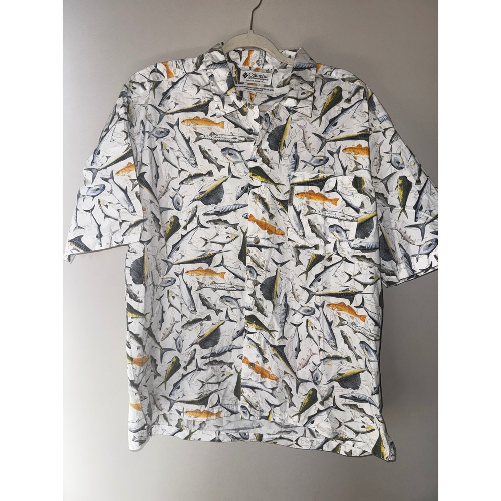 Columbia Sportswear Mens Large Fish Print Short Sleeve Button Down Shirt White